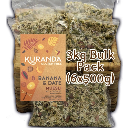 Order Wholesale from Kuranda Wholefoods. Online via Good Food Warehouse 3kg Gluten Free Banana Date Muesli.