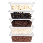 Chocolate Toppings Sample Pack featuring dark, milk and white chocolate chunks with milk and white chocolate flakes for cafés, hot chocolate, frappes, milkshakes and soft serve.