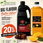 Arkadia 20% OFF limited stock deal featuring chocolate, caramel and salted caramel sauces with mango, mixed berry and strawberry smoothie mixes on a white background.