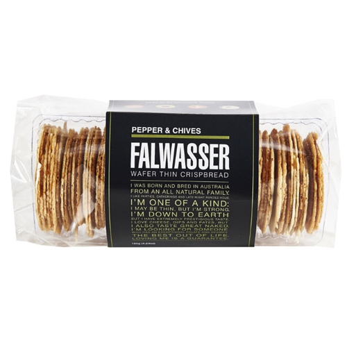 Free Delivery. Delivered Fresh. Falwasser Natural Pepper Chives Wafer Thin Crispbreads from Byron Bay.
