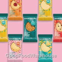 Aussie Biscuits assorted wholesale carton with individually wrapped ANZAC, choc chip, ginger crunch, jam drop, macadamia and shortbread biscuits.