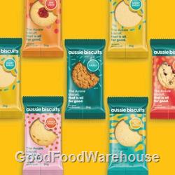 Aussie Biscuits assorted individually wrapped ANZAC, choc chip, ginger crunch, jam drop, macadamia and shortbread biscuits.