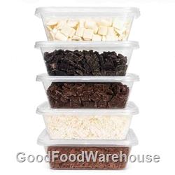 Chocolate Toppings Sample Pack featuring dark, milk and white chocolate chunks with milk and white chocolate flakes for cafés, hot chocolate, frappes, milkshakes and soft serve.