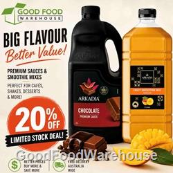 Arkadia 20% OFF limited stock deal featuring chocolate, caramel and salted caramel sauces with mango, mixed berry and strawberry smoothie mixes on a white background.