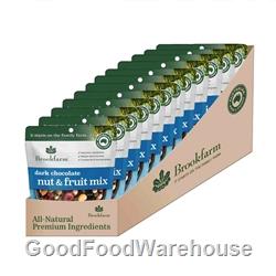 Brookfarm 35g Nut & Fruit Mix Dark Chocolate with roasted macadamias, pistachios, almonds, cranberries, muscatel grapes and Belgian dark chocolate.