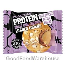 Cookie Man Protein Caramel White Choc Loaded Cookie with gooey caramel centre and 21g protein, supplied by a trusted wholesale distributor with free delivery Australia-wide.