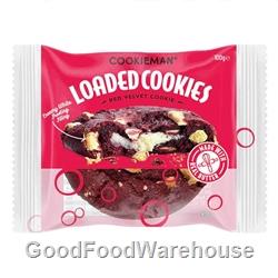 Cookie Man 100g Red Velvet Cookie with white chocolate chips and a creamy white filling, available wholesale with free delivery Australia-wide.